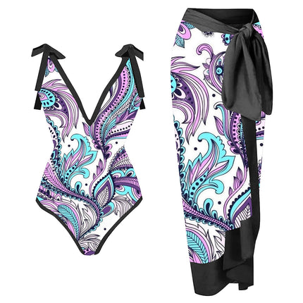 Cross-Border Bikini Beach Skirt Two-Piece Swimsuit Printed Belly-Covering Slimming Lace-Up European and American Amazon Foreign Trade Swimwear