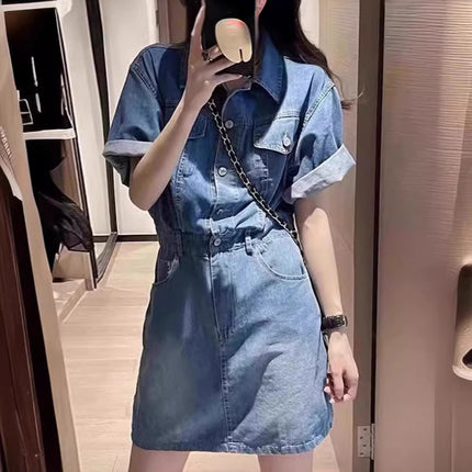 Summer Denim Skirt Women's Retro Hong Kong-style Light Color European-made Short Skirt Age-reducing Thin Korean-style Waisted dress