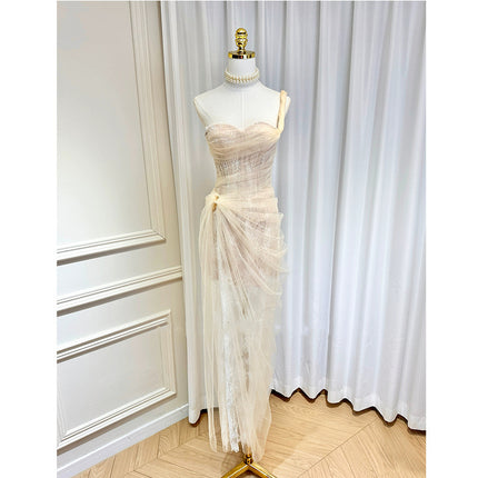 Dinner Dress Niche Design Fishbone with Chest Pad Single Shoulder Mesh Stitching Lace Split Floor Dress