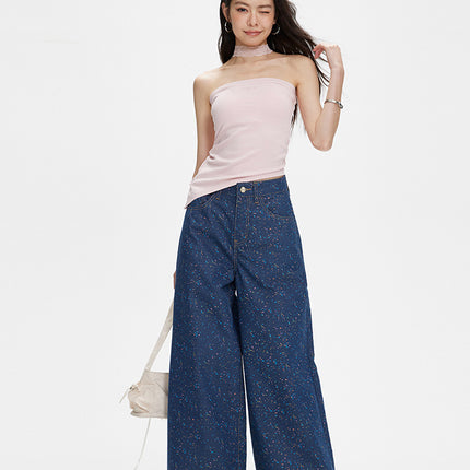 Women's Summer Printed Wide-Leg Denim Casual Pants, Versatile Loose Straight-Leg Floor-Length Pants, High-Waisted and Slimming