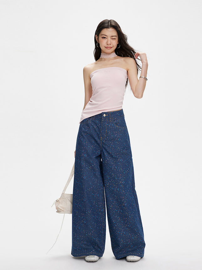 Women's Summer Printed Wide-Leg Denim Casual Pants, Versatile Loose Straight-Leg Floor-Length Pants, High-Waisted and Slimming