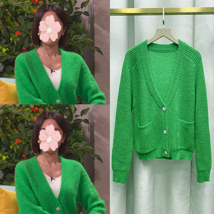 2023 CCTV Spring Festival Gala Qin Lan Same Clothes Green V-Neck Knitted Sweater Cardigan Jacket Women's Autumn and Winter Jacket