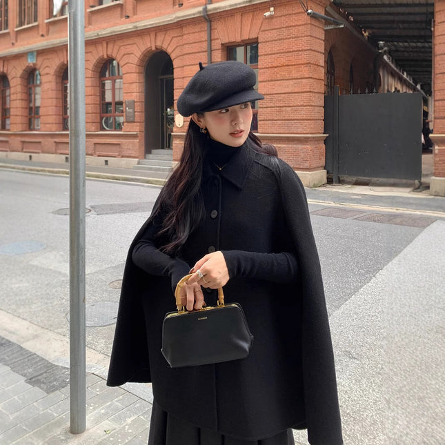 Handmade double-sided Cape coat 2024 new black wool mid-length elegant slimming coat women's clothing