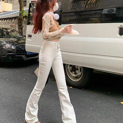 American-Style White High-Waisted Flared Jeans for Women, Spring and Autumn, Plus-Size, Stretchy, Slimming, Floor-Length Bootcut Pants
