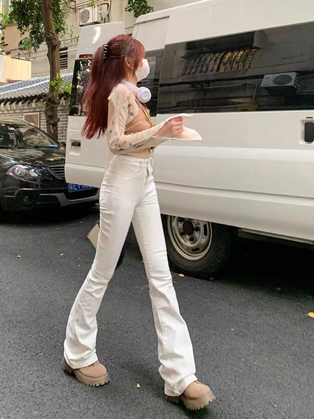 American-Style White High-Waisted Flared Jeans for Women, Spring and Autumn, Plus-Size, Stretchy, Slimming, Floor-Length Bootcut Pants