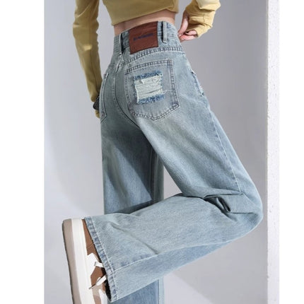 light blue Straight Leg Jeans Women's Trendy All-match New Arrival plus size Loose High Waist Slimming Narrow Wide Leg Long Pants