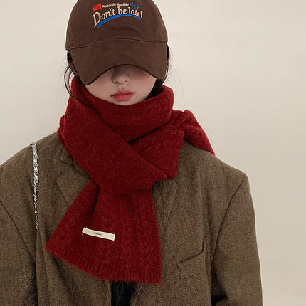 With wool solid color knitted wool scarf women's 2024 new high-end warm neck Korean green