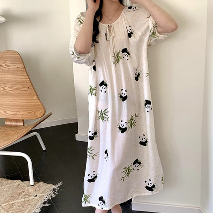 2026 New Cotton Silk Nightgown for Women, High-End Printed Short-Sleeved Long Dress, Large Size, Thin Style, Can Be Worn Outside as Loungewear