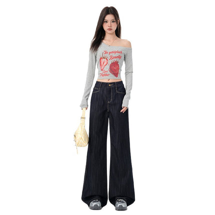 Deep Blue Flared Jeans for Women, Autumn New American High Street Style, Loose Drape Wide-Leg Bell-Bottom Pants