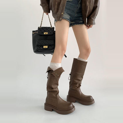 Maillard Brown Long Boots for Women 2025 New Spring and Autum Thick-Soled Retro High Knight Boots Pile Boots