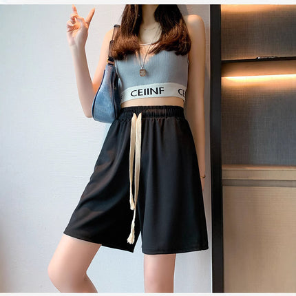 Black Sports Shorts for Women, Summer Thin High-Waisted Casual Straight Mid-Length Loose Wide-Leg Cool Five-Point Pants