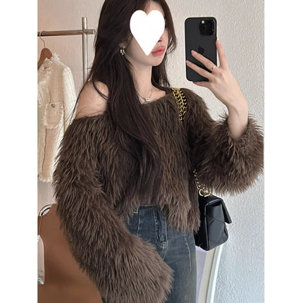Korean Style New Slim Fit Versatile High-Waisted Sweater for Women, Short Fashion Light Luxury Socialite Long-Sleeve Off-Shoulder Fur Top