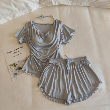 Girls' Pajamas Modal Cotton Short-Sleeved Shorts Summer Lace Women's Three-Piece Casual Home Wear Set with Breast Pads