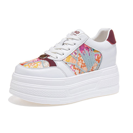 Women's White Sneakers with Hidden Height Increase, 2026 Spring New Model, 9cm Platform Sole, Breathable Sneakers, Korean Style, Genuine Leather Mesh Women's Shoes