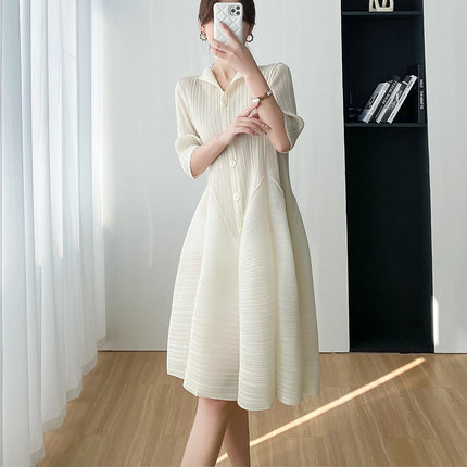 Miyake Elegant, Gentle, Elegant, Comfortable, Simple, Slim Waist Dress for Women 2023 Summer New Casual Pleats