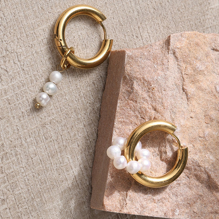 Asymmetric Pearl Earrings, Titanium Steel Light Luxury Style Gold Hoops, Niche Design Baroque Pearl Earrings