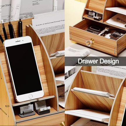 Wooden Office Desk Information Rack Stationery Filing Rack File Rack with Drawer Storage Box Desktop Creative Storage Box