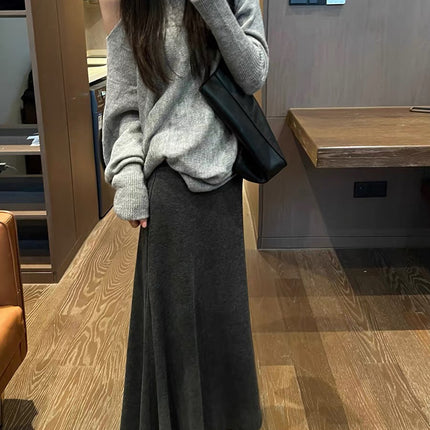 Gray Fishtail Skirt for Women, Autumn and Winter Long Skirt, Versatile Elegant, A-Line Hip-Covering Slimming Look Knitted Skirt, Mid-Length Skirt