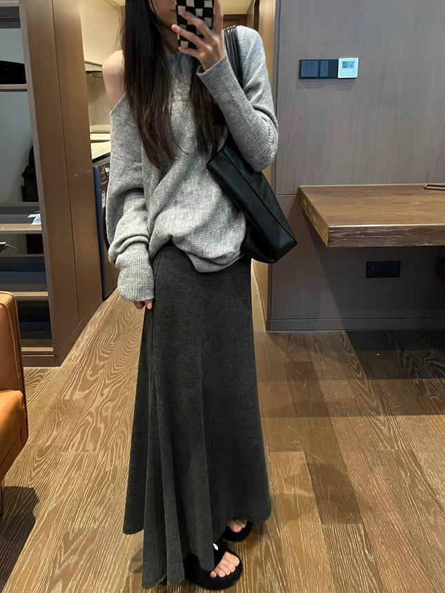Gray Fishtail Skirt for Women, Autumn and Winter Long Skirt, Versatile Elegant, A-Line Hip-Covering Slimming Look Knitted Skirt, Mid-Length Skirt