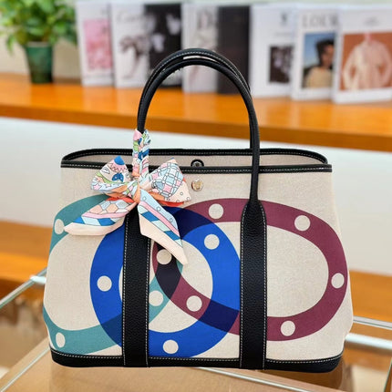 2025 New Canvas Top Layer Cowhide Women's Bag Garden Handbag Large Capacity Genuine Leather Contrast Shoulder Tote Bag