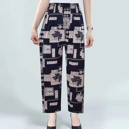 Middle-Aged and Elderly Women's Summer Thin Floral Pants, Loose Fit, Ice Silk Cropped Granny Pants, Direct from Manufacturer
