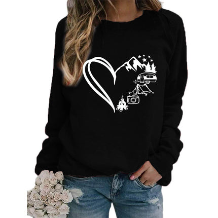 Love Camping Printed Round Neck Jacket Sweatshirt European Size Women's Coat Long Sleeve Cross-border Autumn and Winter Foreign Trade Supply