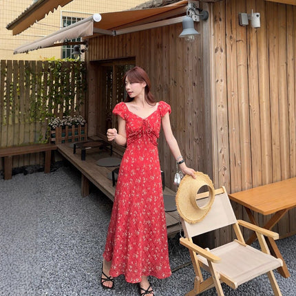 Designed Age-Reducing Floral Puff Sleeve Dress for Women Summer 2025 New Waist-Cinching Niche Korean A-Line Long Skirt