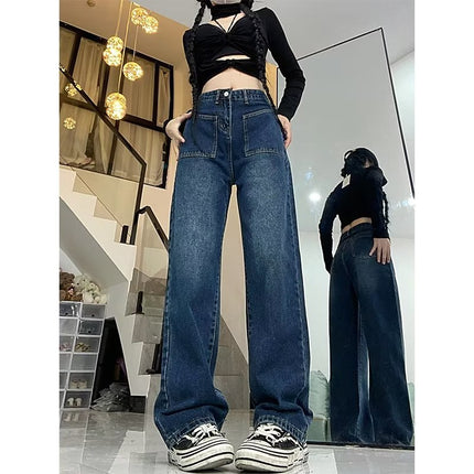 American retro small fleece-lined high waist jeans women's autumn and winter chubby girl plus size straight wide leg mop pants fashion