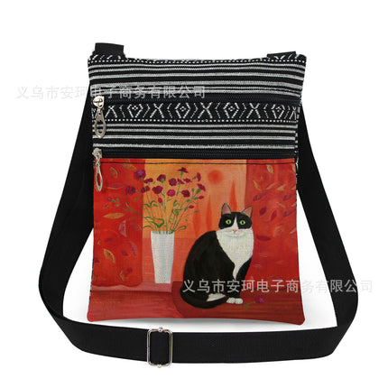 Cross-Border New Product Double Zipper Cat Print Single Shoulder Crossbody Bag Ultra-Light Cross-Border Style Messenger Bag Fashionable and Cute Women's Bag