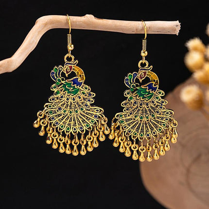 Ethnic Peacock Earrings Golden Bell Tassel Earrings Bohemian Leaf Pendant Scenic Earrings Wholesale