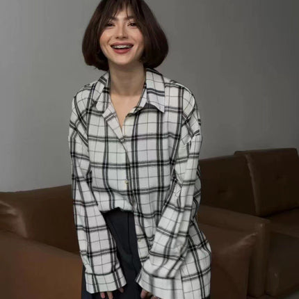 2024 Spring and Autumn Amazon OZON Cross-border Retro Style All-match Loose Shirt * Fashion All-match Plaid Shirt Women