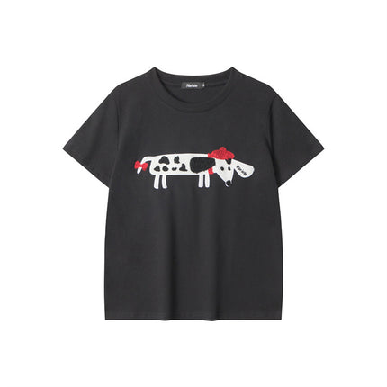 HeyHenry 2025 European and American towel letter embroidery cotton casual T-shirt women's short sleeve versatile round neck top