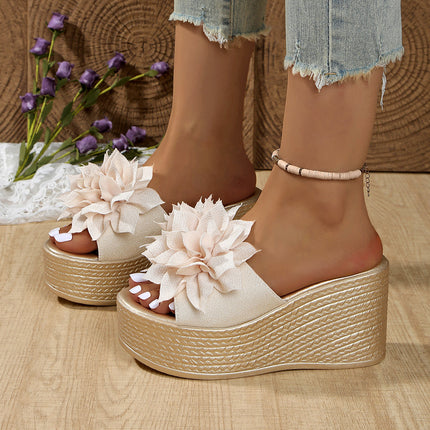 Plus Size Flower Wedge Slippers Women's Open Toe 2025 Summer New Cross-Border Thick-Soled European and American Sandals and Slippers Size 35-43