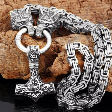 Popular Foreign Trade Viking Wolf Jewelry Stainless Steel Chain Thor Hammer Pendant Necklace Men's Sweater Chain Wholesale Dropshipping