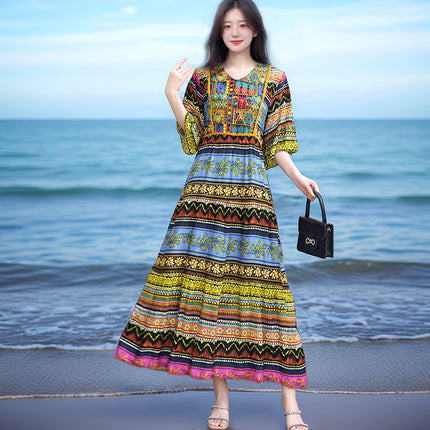 Amazon Cotton Silk Beach Dress Ethnic Style Large Swing Dress V-Neck Mid-Sleeve Dress Embroidered Vintage Floral Long Dress