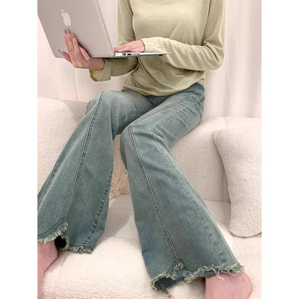 Spring and Autumn New Design Sense Micro-Lar Jeans Women's 2025 American Style High Waist Slim-Fit Slimming Fur-Edge Horseshoe Flared Pants