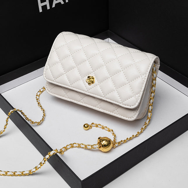 Small Gold Ball Crossbody Square Bag 2024 Summer Quilted Chain Bag Niche Single Shoulder Camellia Quilted Crossbody Bag