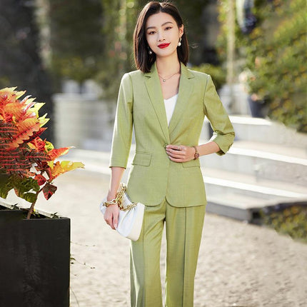 Green Wide-leg Pants Suit suit Women's Summer Thin 2023 High-end New Elegant Casual Cropped Sleeve Small Suit