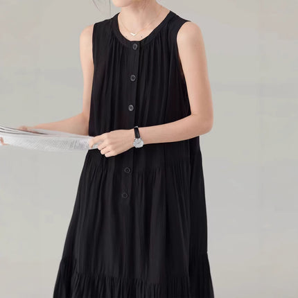 Black Lazy Style Ver Dress Women's 2025 Summer New Round Neck Sleeveless Loose A- line Dress Commuter Casual Long Dress