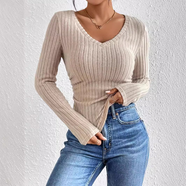 In-Stock 2025 Autumn/Winter New Arrivals Amazon Cross-Border Exclusive V-Neck Long-Sleeve Brushed Ribbed Knit T-Shirt Top