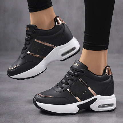 Women's Height-Increasing Sneakers 2025 Autumn and Winter New Leather Thick-Soled Small Black Shoes Large Size Color Matching Bright Strips Export Shoes