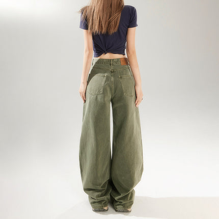 Army Green High Waist Wide Leg Jeans Women's Spring and Summer 2025 New Straight Tube Loose Slimming Casual Pants