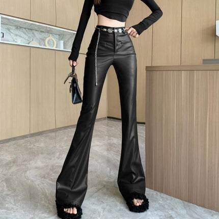 Cross-border Maillard wear retro pu leather pants women's autumn and winter new fashion chain high waist slimming casual pants