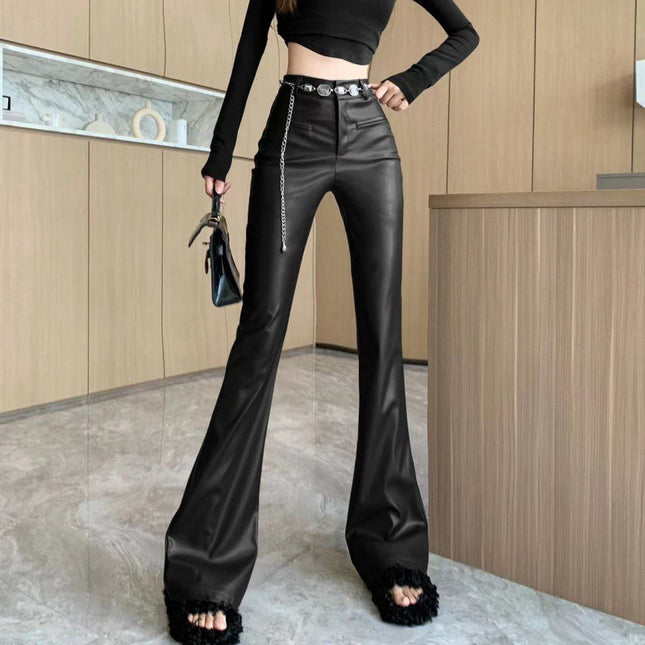 Cross-border Maillard wear retro pu leather pants women's autumn and winter new fashion chain high waist slimming casual pants