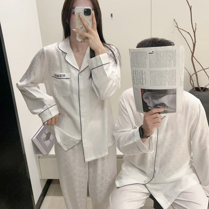 Light Luxury High-End Couple's Pajamas for Men with H Brand Embroidery, Spring and Autumn Ice Silk Long-Sleeve Simple Thin Homewear Set