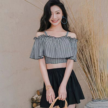 Swimsuit Women's New Summer One-Shoulder Sling Swimsuit South Korea Ins Conservative Belly-Covering Slimming Split Skirt Swimsuit