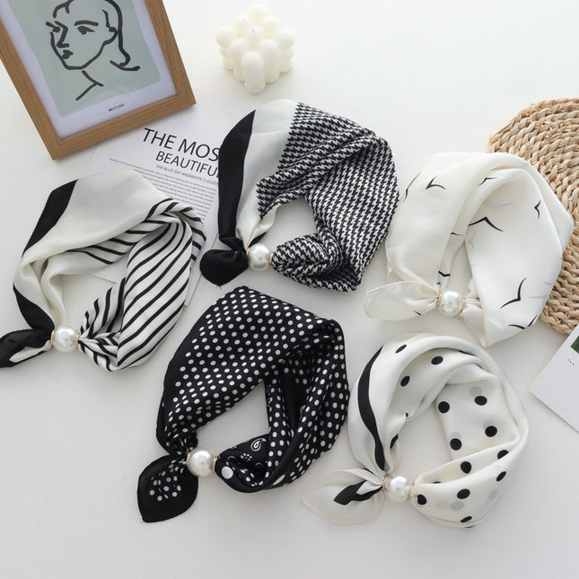 Pearl Magnetic Buckle Small Silk Scarf for Women 2025 New Spring Scarf Neck High-End Matchinging Neck Accessories Neck Scarf