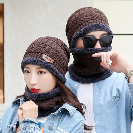 Winter Scarf Hat Two-Piece Set Fleece-Lined Warm Knitted Hat Outdoor Cycling Cold-Proof Woolen Hat Men's Pullover Hat