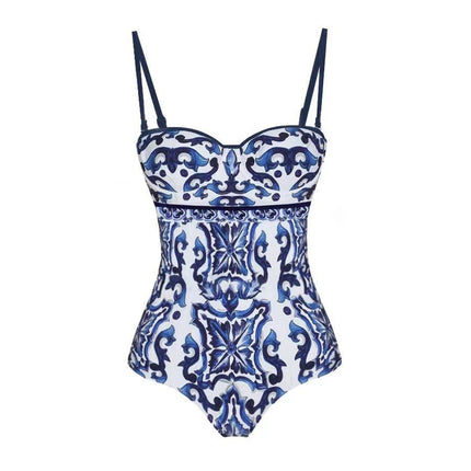2024 European and American one-piece bikini two-piece Amazon blue and white porcelain printed retro beach resort hot spring swimsuit