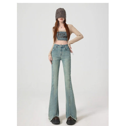 Retro Raw Edge Micro-Flared Jeans for Women Plus Size High Waist Petite Slim Slim Floor-Length Trousers